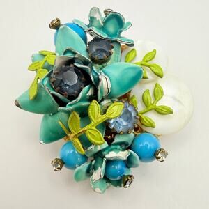 Vintage Enamel Flower Cluster Brooch Turquoise Blue Rhinestone MOP Pin